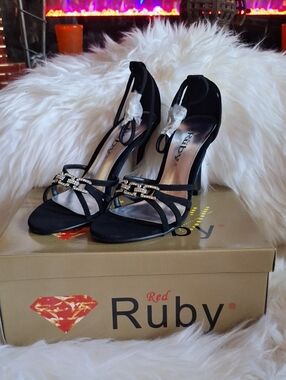 Black Strappy Heels with Rhinestone Chain Detail